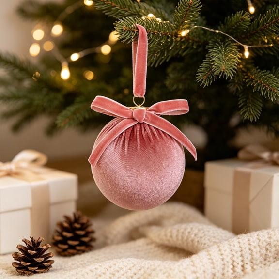 ARVELLIA Luxury Velvet Christmas Ball Ornaments, Soft Plush Xmas Tree Hanging Decor, Bow Accent Holiday Baubles 3.74*3.15in Pink