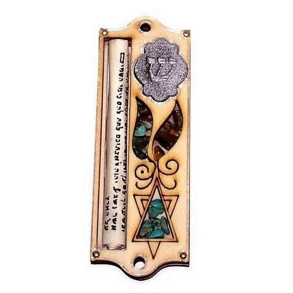 Star of David Mezuzah with Israel Gemstones - 3 layers Wooden Mezuzah ( 10cm or 4 inches )