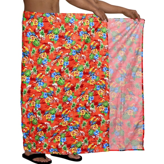 HAPPY BAY Men's Pareo Regular Holiday Sarong Long Beach Wrap One Size Orange, Tropical Parrot Summer Vacation Aloha