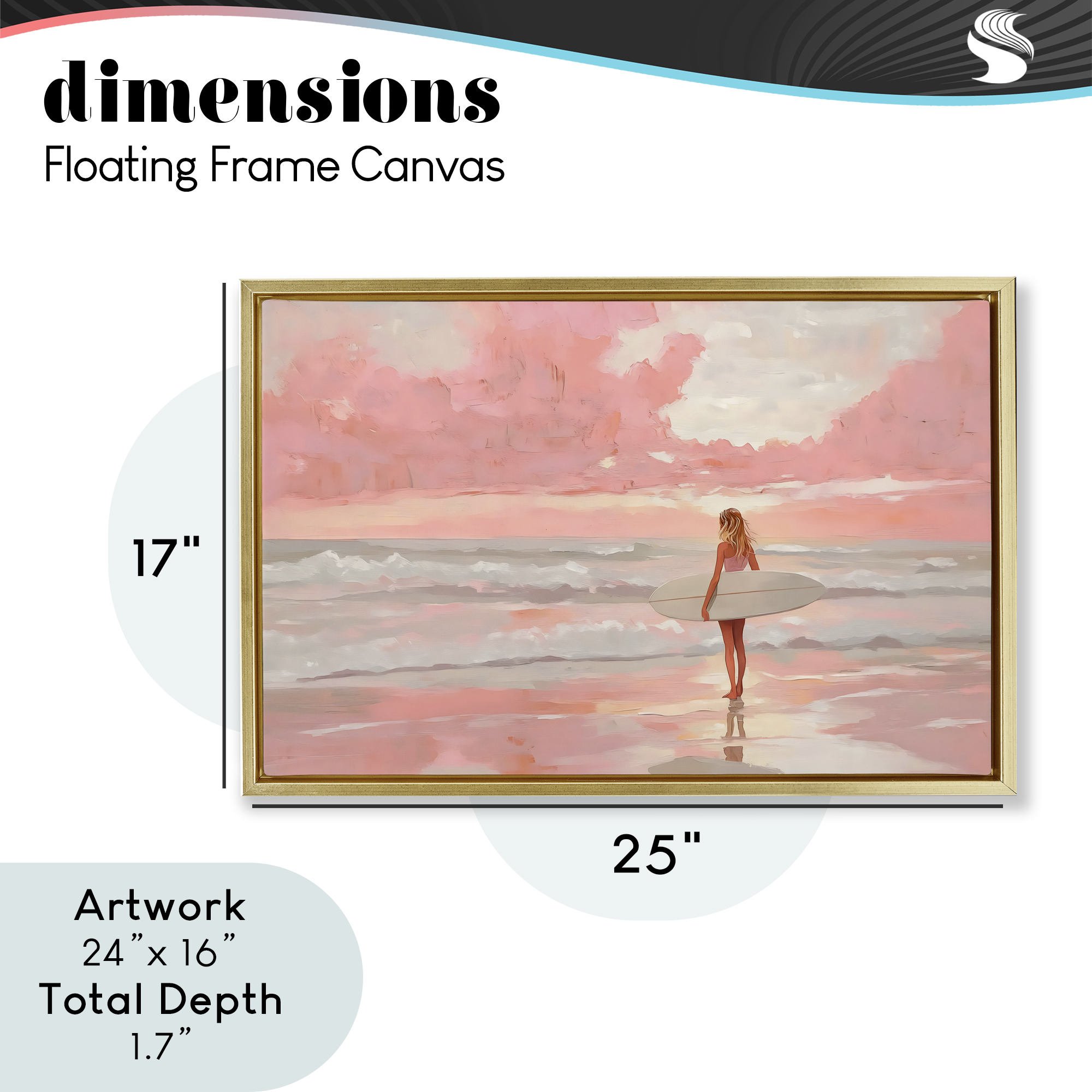 Pink Sky Surfer Gold Framed Floater Canvas Wall Art, design by LSR Design Studio