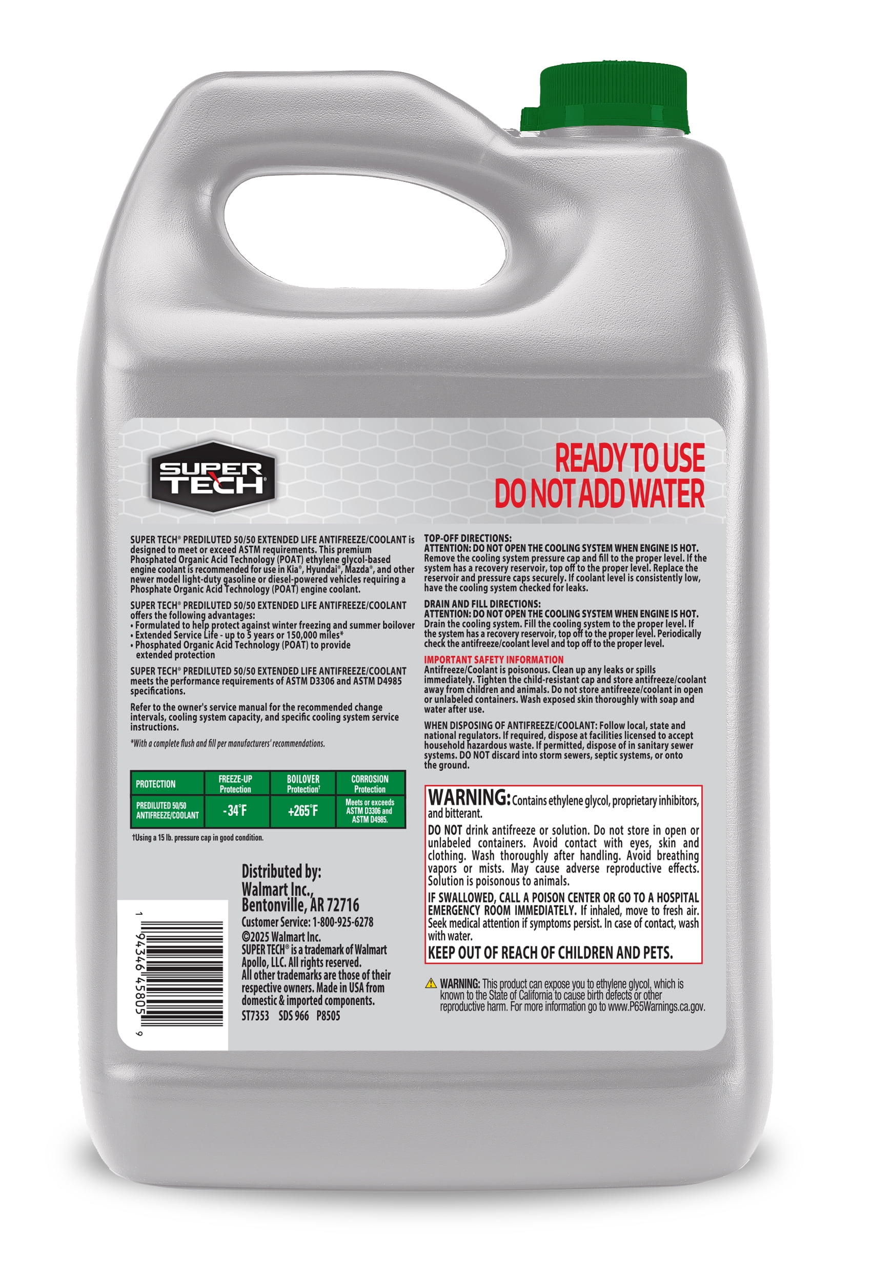 Super Tech OE Green Antifreeze Prediluted 50/50 Antifreeze & Coolant