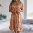 thumbnail image 2 of ZZwxWA Women's Dresses Floral Print Square Neck Puff Sleeve Ruffle Hem Loose Smock Midi Dress One-line Neck High Waist Womens Summer Sundress, 2 of 3