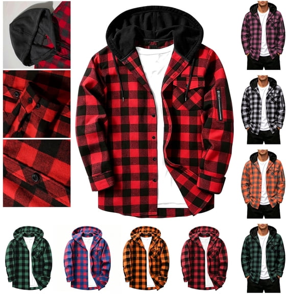 QATAINLAV Plaid Hooded Shirt Jacket for Men Outdoor Long Sleeve Button Down Shacket with Pockets Blue S