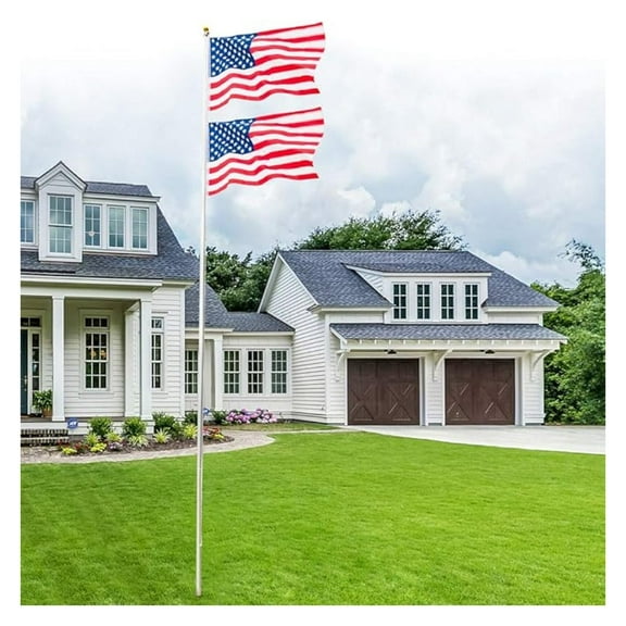 WDZS Flag Pole for Outside, Aluminum Alloy 25FT Sectional Flagpole with 3'x5' USA Flag Ball Top Halyard Rope PVC Sleeve for Residential Yard Garden Silver Pole