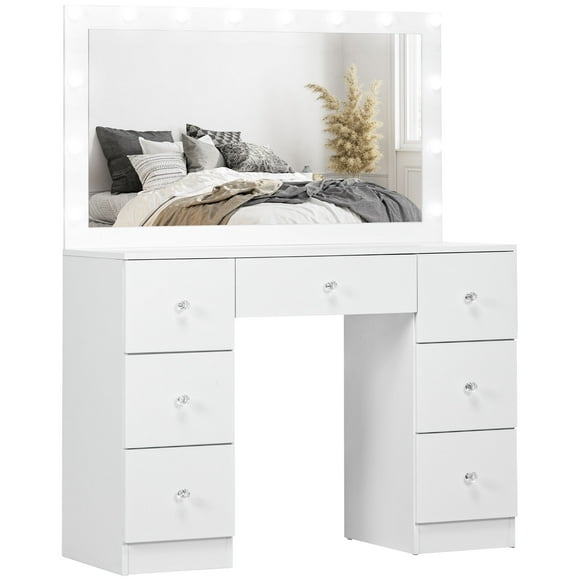HOMCOM Makeup Vanity Desk with Lighted Mirror 7 Drawers 10 LED Lights White