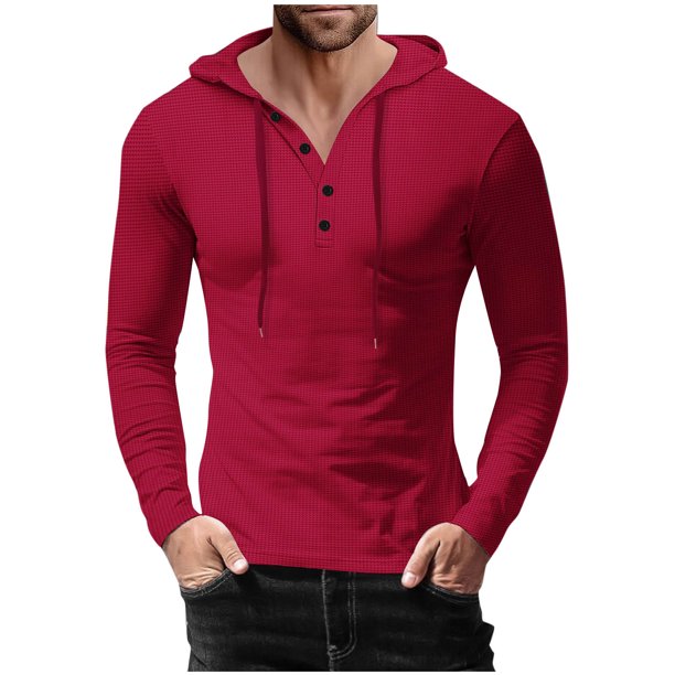 pstuiky camisetas de manga larga para hombre, Blusa informal con capucha y manga larga con botones y cordón ajustable para hombre camisetas de hombre xl