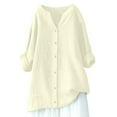 thumbnail image 5 of lcziwo Women's Plus Size Cotton Linen Tops 3/4 Sleeve V Neck Shirts Button Down Solid Color Blouses Casual Trendy Spring Summer Shirts Loose Fitted Gauze 2025 Tunic Tees Beige,L, 5 of 5