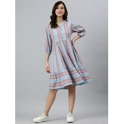 Janasya Summer 3/4 Sleeve Striped Blue Cotton Ruffled Midi Dress For Women