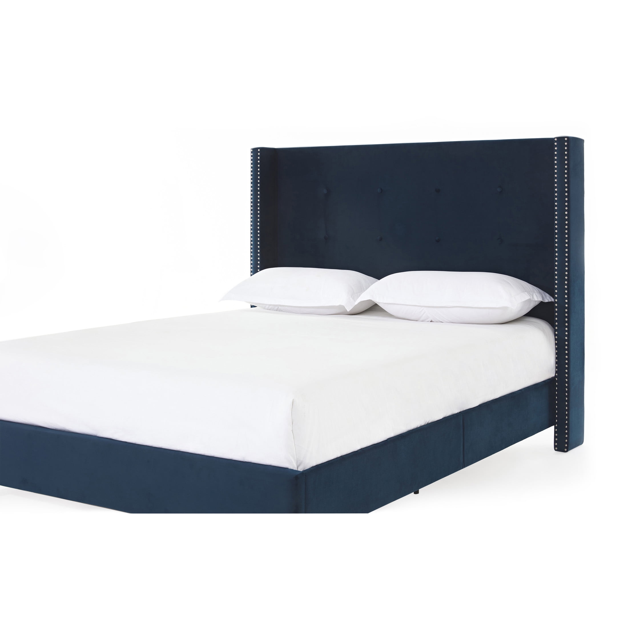 Noble House Peyton Indoor Button Diamond Tufted Velvet Upholstery King Bed with Wingback, Blue