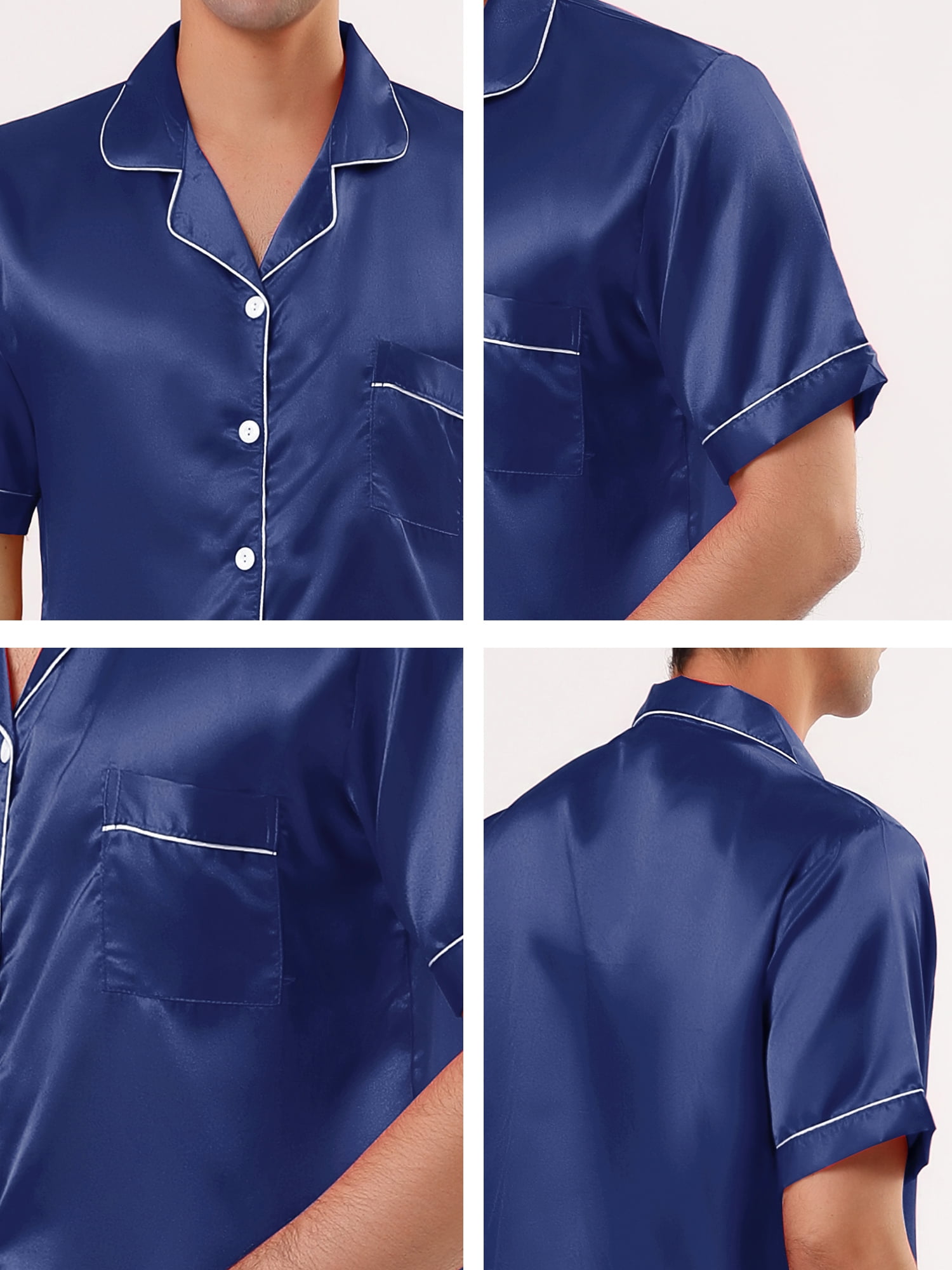 Unique Bargains Men's Button Down Satin Pajama Sets Short Sleeves Nightwear X-Large Blue