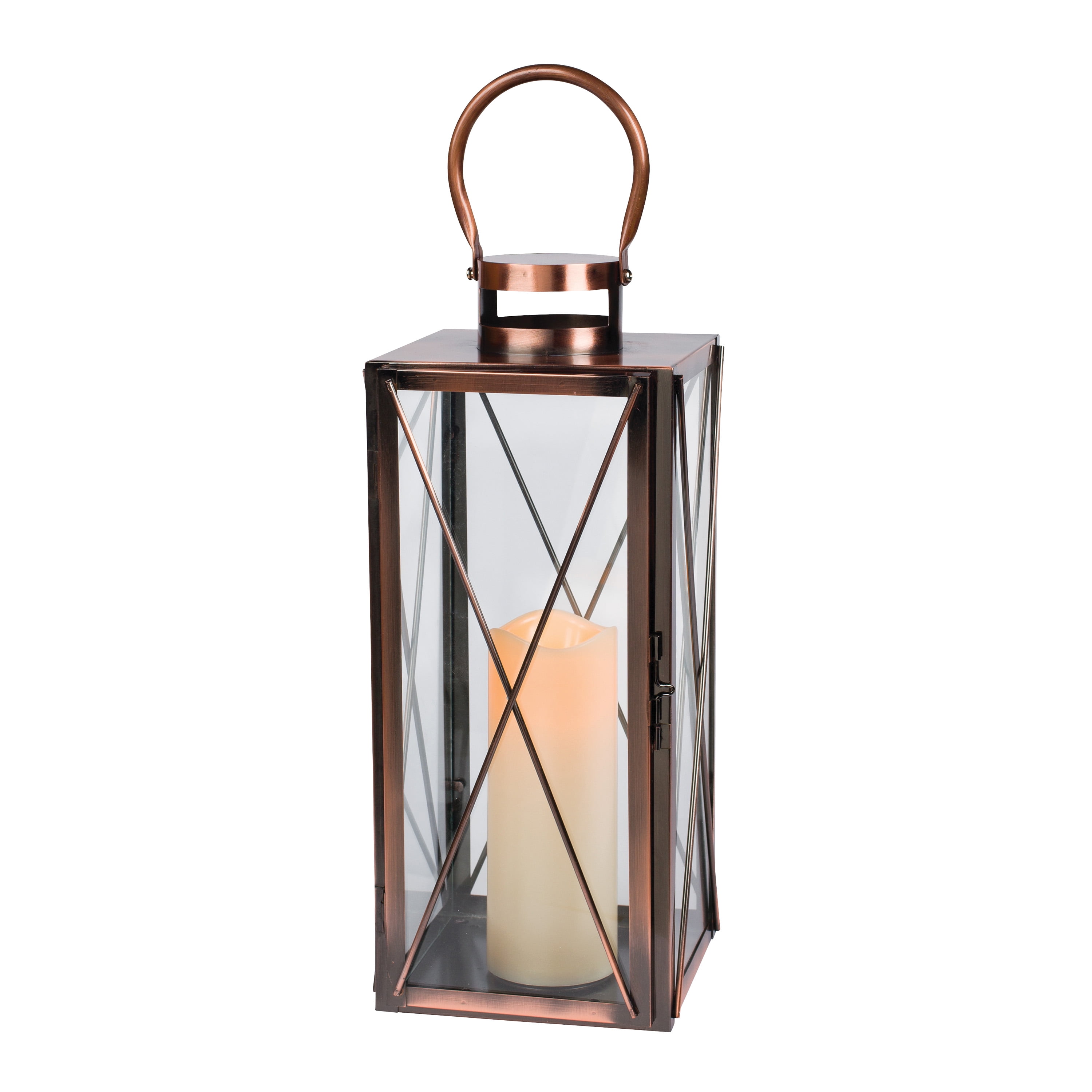 Copper Lantern with Glass Panes, Flameless LED Candle and Timer Feature