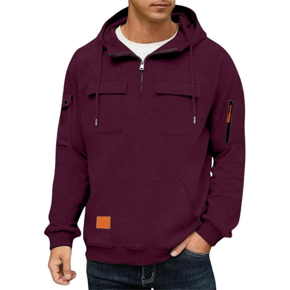 Men Hoodie Fleece Oversized Sweatshirts Quarter Zip Pullover Drawstring Multi-Pocket Outdoor Casual coat