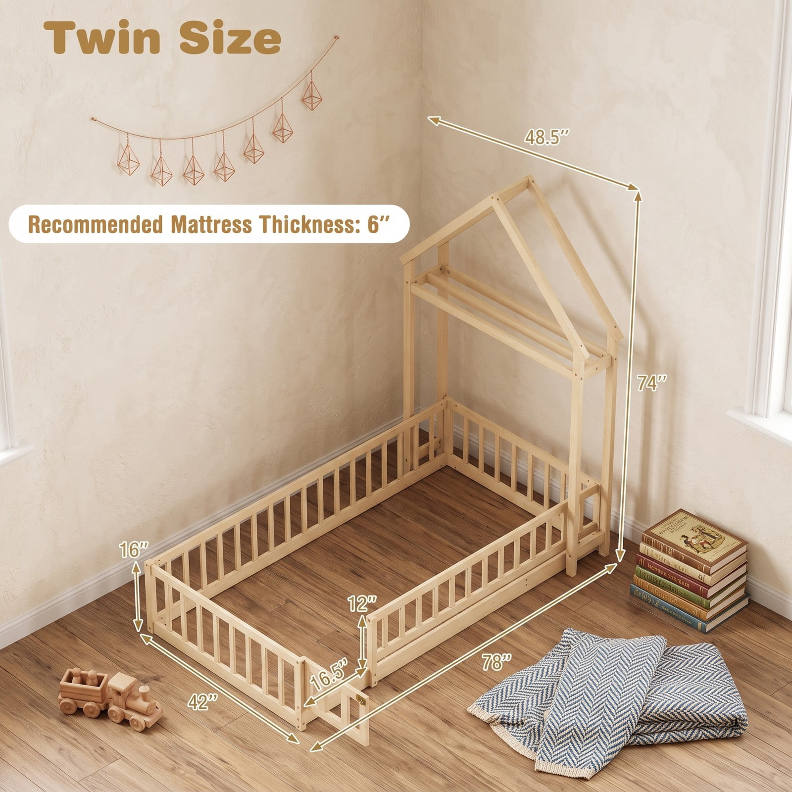 Furnibear Full Size Bed Frame House Floor Bed with House-Shaped Frame and Full-Length Fence Guardrails for Kids Room, Natural