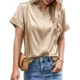 thumbnail image 1 of Blusa de satén con escote en V y manga corta para mujer, color caqui, transpirable, talla L, para primavera y verano, 1 of 6