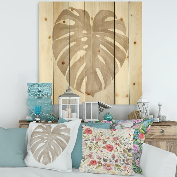 Designart 'Beige Ivory Pastel Monstera Heart Shaped Tropical Leaf' Traditional Print on Natural Pine Wood
