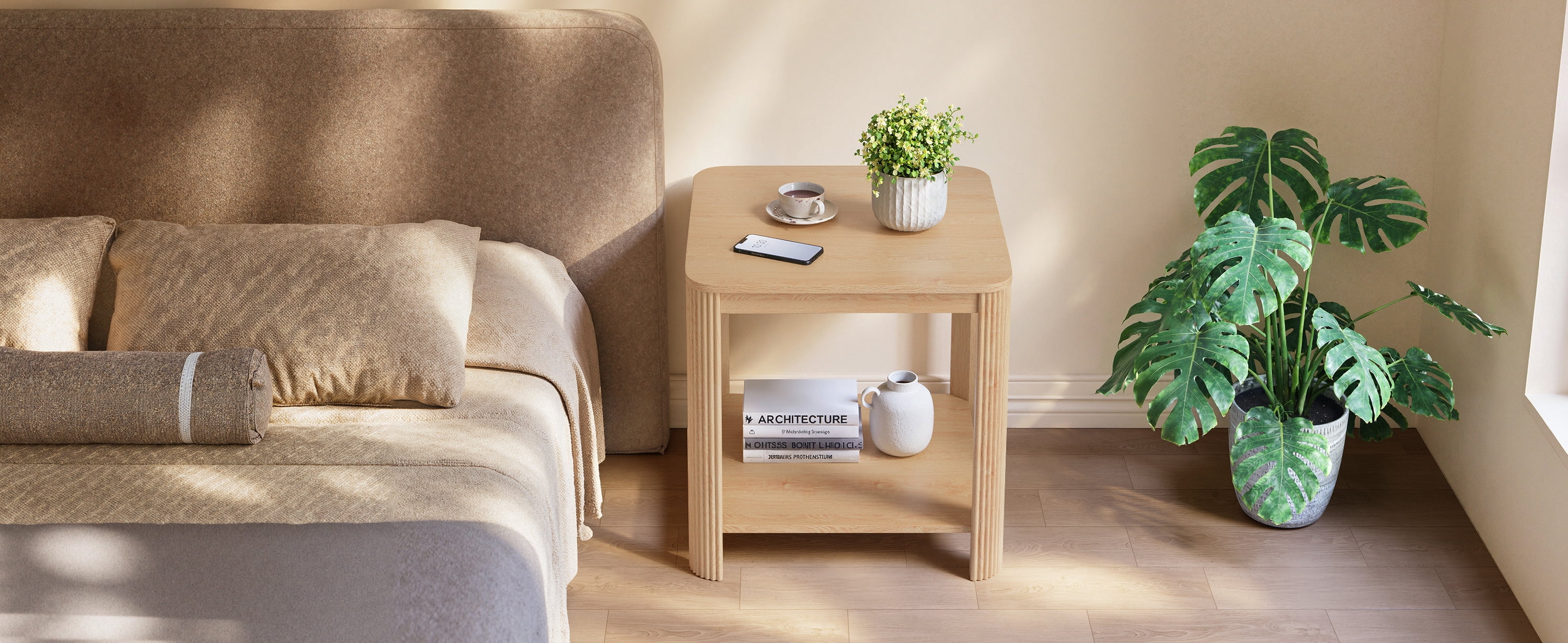 2‑Tier Boho Square End Table with Vertical Wave Grain Legs, Rounded Corner Side Table Nightstand, 22.1” for Living Room Bedroom Home Office, Oak