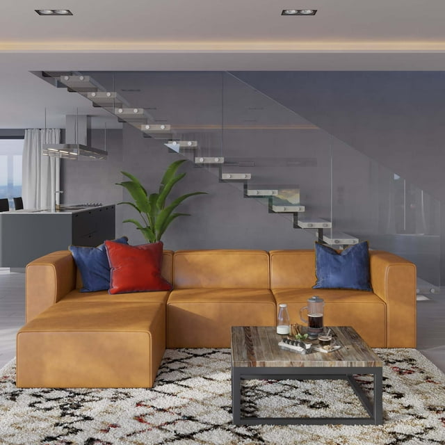Modway Mingle Modern Faux Leather Sofa and Ottoman Set in Tan