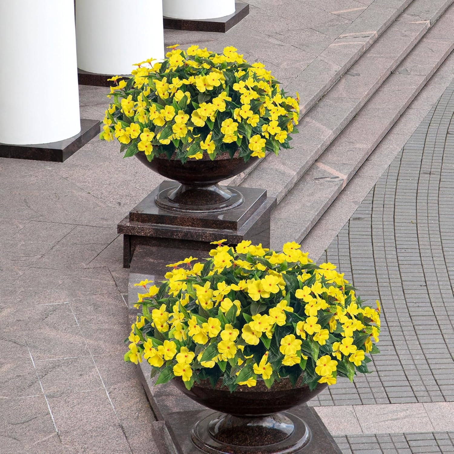 Artificial Impatiens Flowers 4 Pcs 7 Branches Faux Impatiens Bushes Silk Impatiens Bouquet Faux Flower Outdoor UV Resistant Fake Plants for Patio Lawn Garden Pot Hanging Basket Porch Decor,Yellow