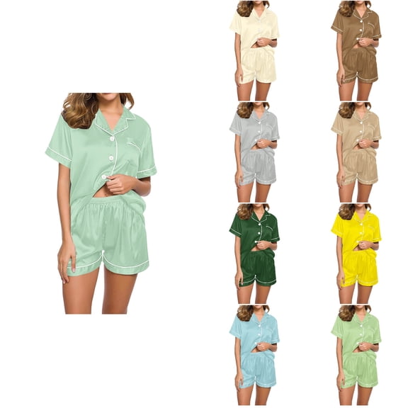 Antinious Women Solid Short Sleeve Button Down Collar Sleepwear Set Top Pant Casual Set,Holiday!Pajamas for Women Set,Ladies Sleepwear Outfits,Khaki,S