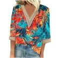 thumbnail image 2 of Aobny Blouse for Women Lace Trim Hawaiian Tops Pullover Orange 3/4 Sleeve V-Neck Young Womens Tops,L, 2 of 5