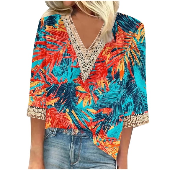 Jsaierl 3/4 Length Sleeve Womens Tops Plus Size V Neck Lace Shirts Cute Graphic Petite Blouses Classic Elegant Tunic Top S-3XL