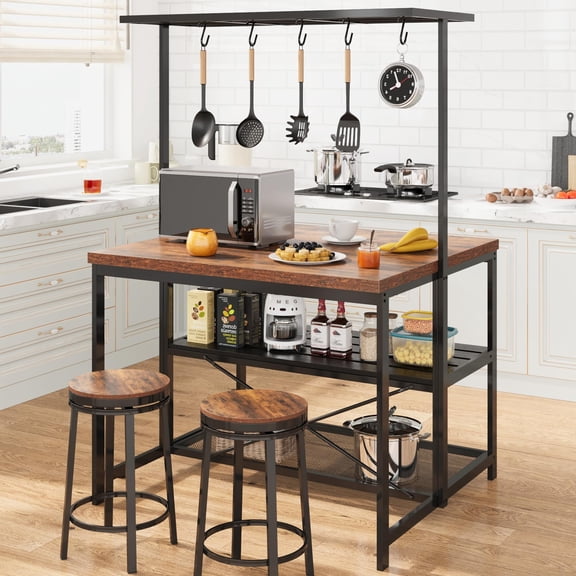 Kojooin Kitchen Island with Storage, 42''Island Table for Kitchen with Seating Bakers Rack Microwave Oven Stand Shelf with 3 Tier Storage Shelf for Dining Room Living Room, 5 Hooks 42"*28"*72"