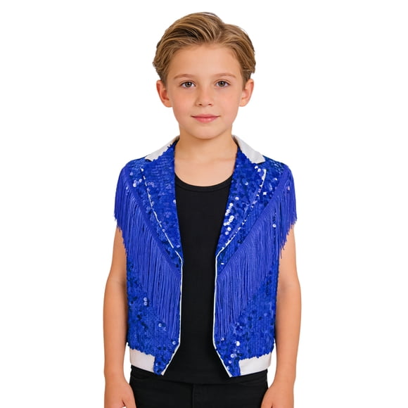 Moggemol Kids Girls Boys Jazz Street Dance Party Show Crop Top Shiny Sequins Vest Waistcoats Hip Hop Jacket Royal Blue 14