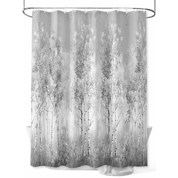 Shower Curtain Gray Tree Plant Bathroom Curtains with Hooks, Waterproof Fabric Forest Oil Painting Bath Shower Curtains Set for Bathroom Bathtubs Decor 36x72 Inch