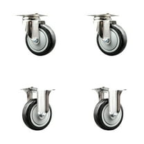 4 Inch 316SS Black Polyurethane Wheel Swivel Top Plate Caster Set 2 Rigid SCC