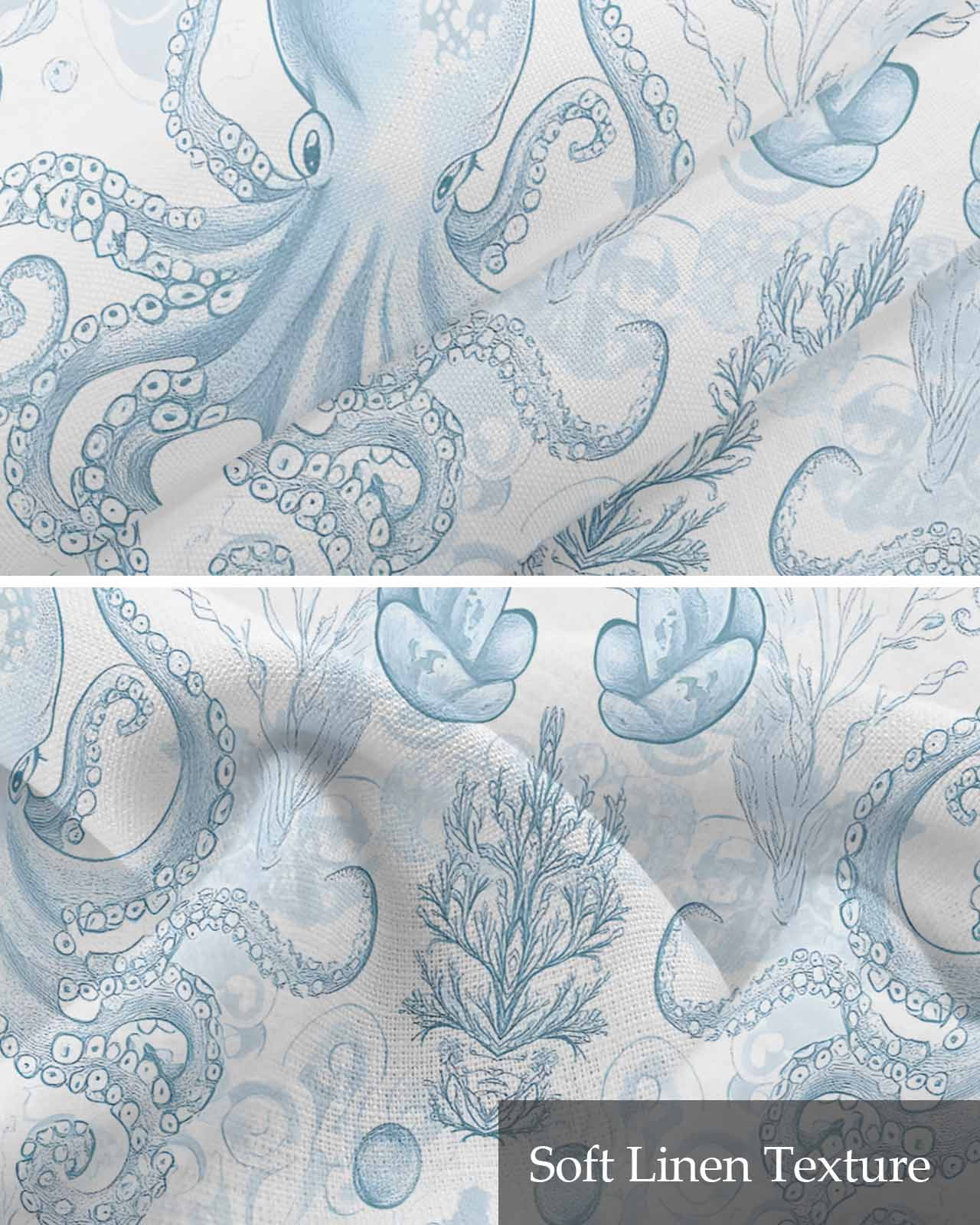 Blue Coastal Octopus Kitchen Valances for Windows Farmhouse Linen Window Valance Curtain for Living Room Window Treatment Summer Watercolor Coral Valance Rod Pocket Topper Drape, 54 x 18 Inch