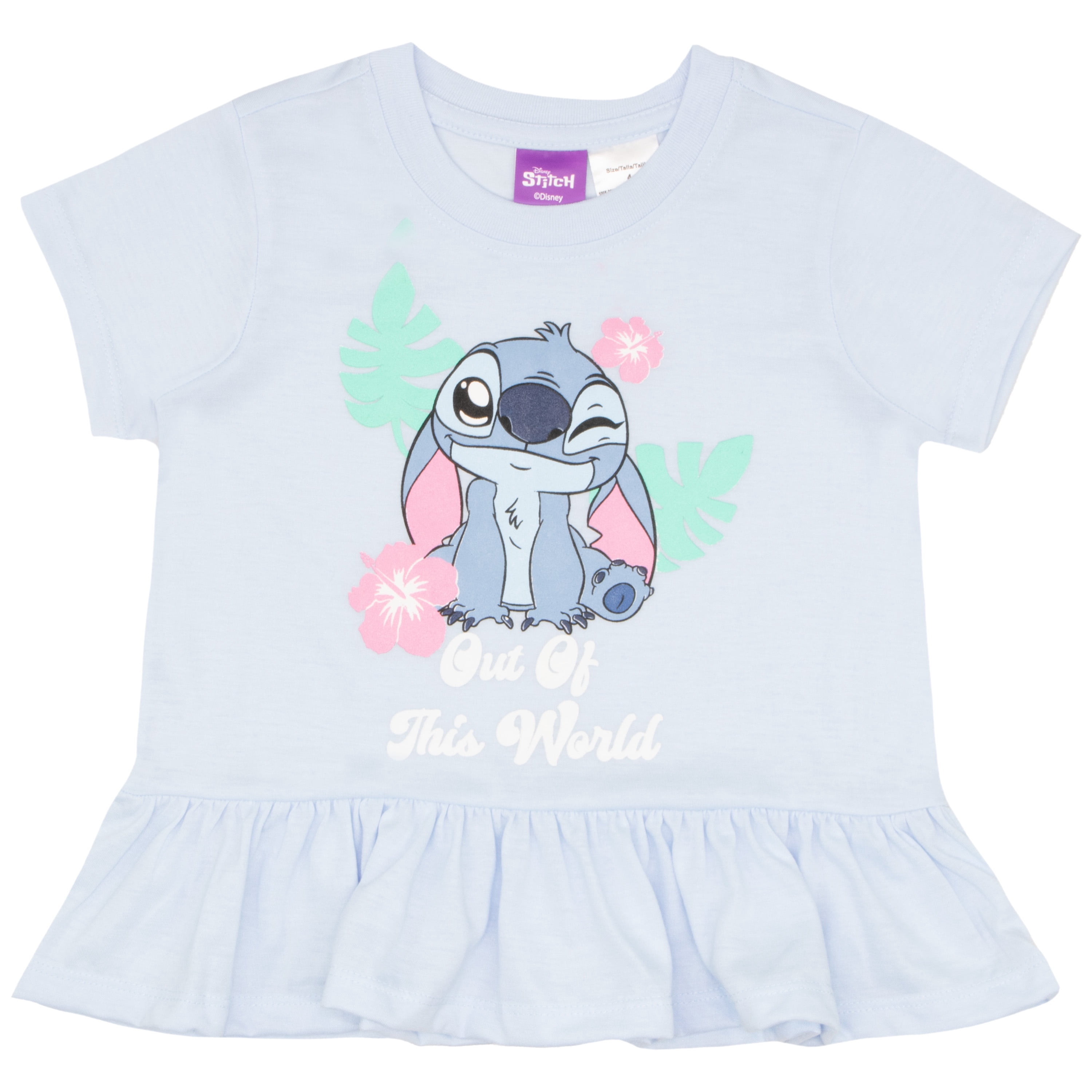 Disney Lilo & Stitch Girls 2-Piece Set - Ruffle Hem Short Sleeve Graphic Print T-Shirt and Biker Shorts - Summer Outfit for Kids and Toddlers (Sizes 2T-6X)