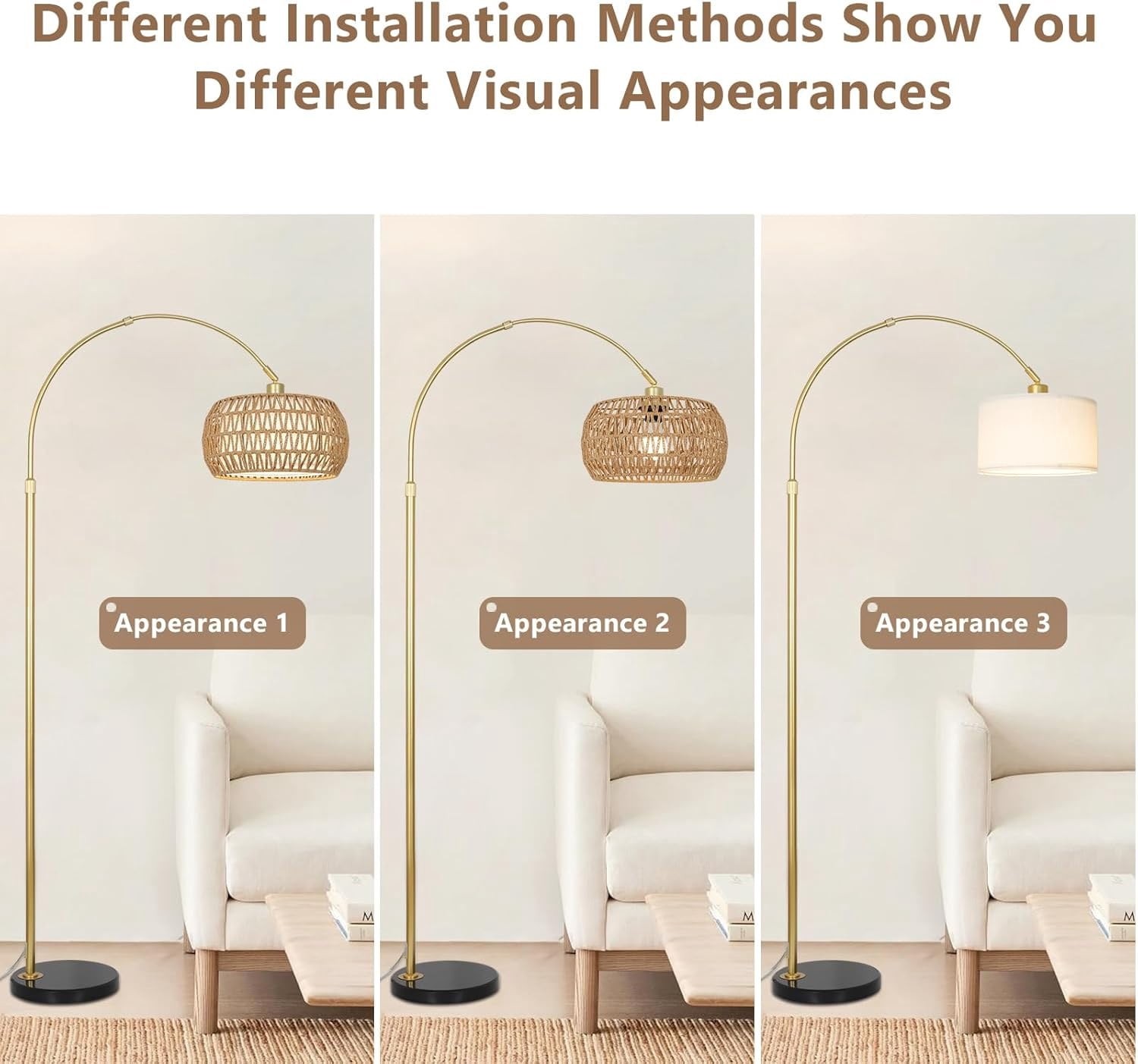 Gold Arc Floor Lamp with Remote, Dimmable, Rattan and Metal, Height Adjustable