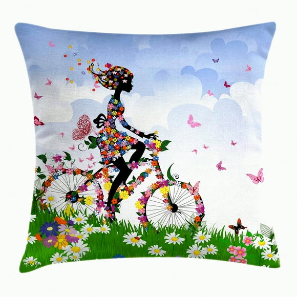 Housse de Coussin d'Extérieur Romance Printanière - Thème Vélo Vintage, 18 Pouces X 18 Pouces, Panier de Fleurs Vert Bleu, Art Carré