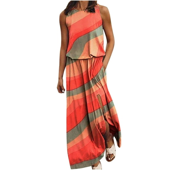 Babysbule Womens Summer Dresses, Women's Fashion Sleeveless Printed Patchwork Loose Round Neck Ladies Vest Long Dress