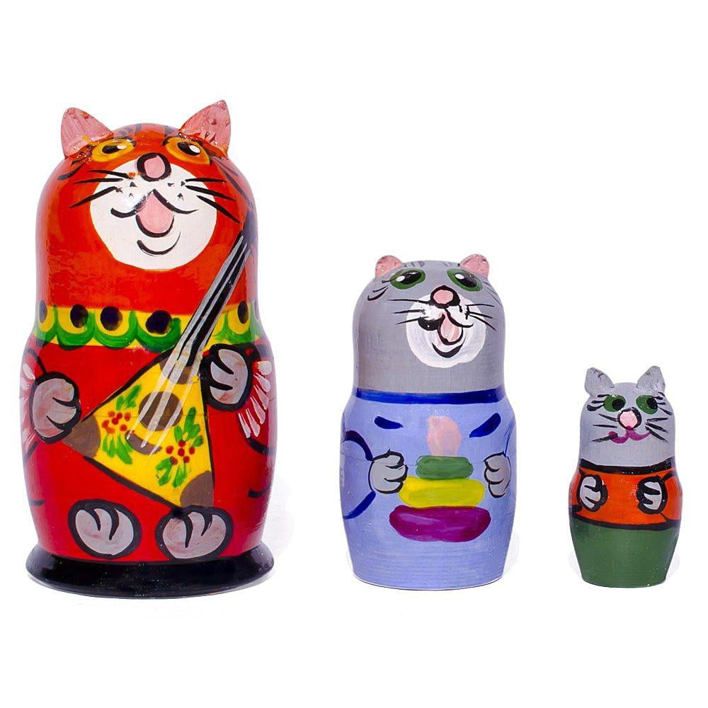Set of 3 Cat with Balalaika Music Instrument Russian Nesting Dolls 3.5 Inches 
