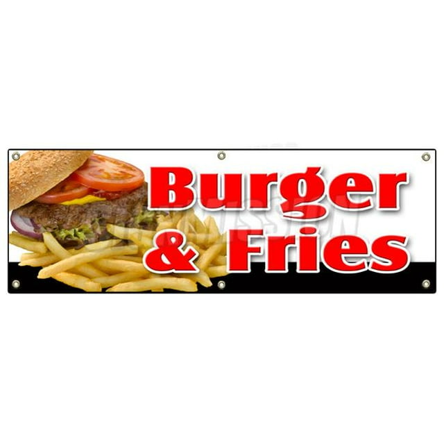 SignMission B-72 Burger & Fries 72 in. Burger & Fries Banner Sign - Cheeseburger French Fries Grill Beef Cheese
