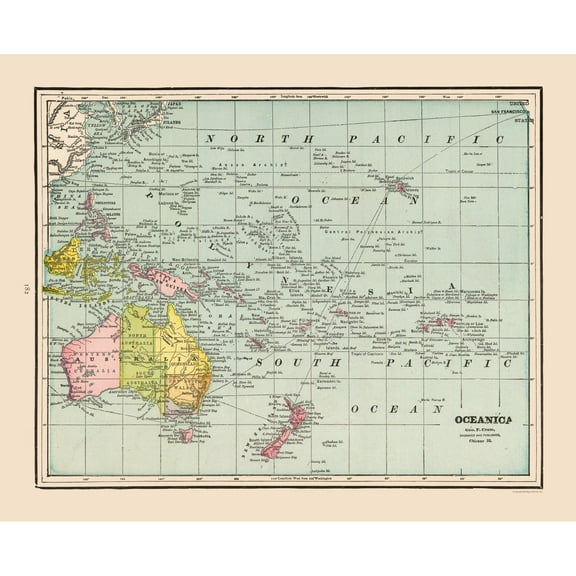 Historic Map - Oceania - Cram 1892 - Vintage Wall Art