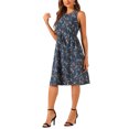 thumbnail image 4 of Vestido midi sin mangas de corte A con cuello en forma de llave y cintura ajustable, estampado de flores pequeñas en azul y púrpura, talla L, 4 of 5