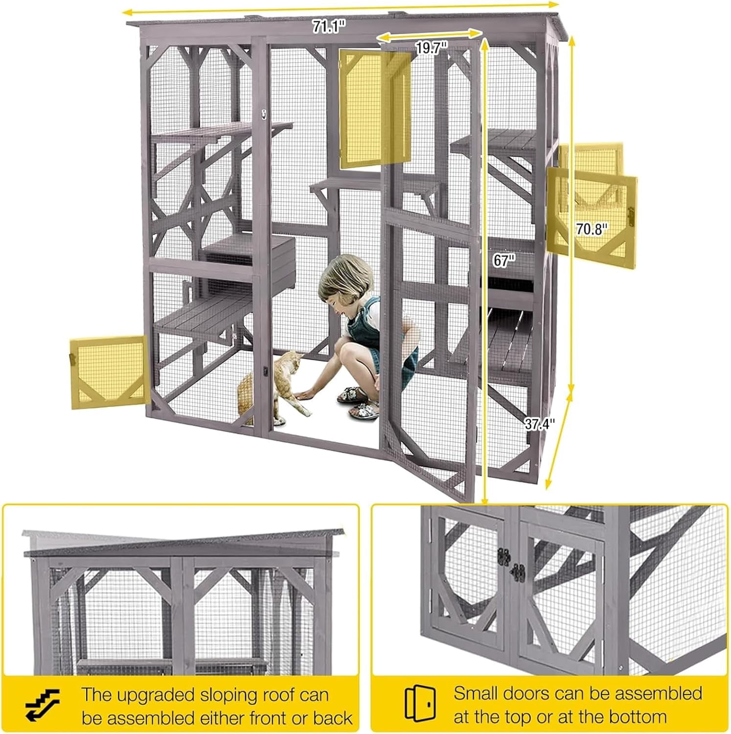 Aivituvin Catio Outdoor Cat Enclosure with 7 Platforms, 2 Resting Boxes, Large Window Cat House for 6-8 Mulitiple Cats Walk in Kitty Cage with Weatherproof Tarp Roof 71"