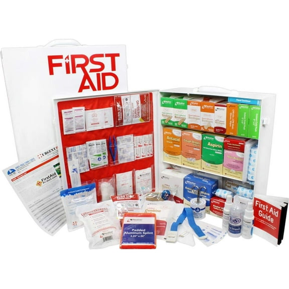 OSHA & ANSI 3 Shelf Industrial First Aid Cabinet with Pocket Liner, 100 Person, 1382 Pieces, 2015 Class B , Types I & II, Made in USA by Urgent First Aid™ with extra content & NEW ANSI First Aid Guide