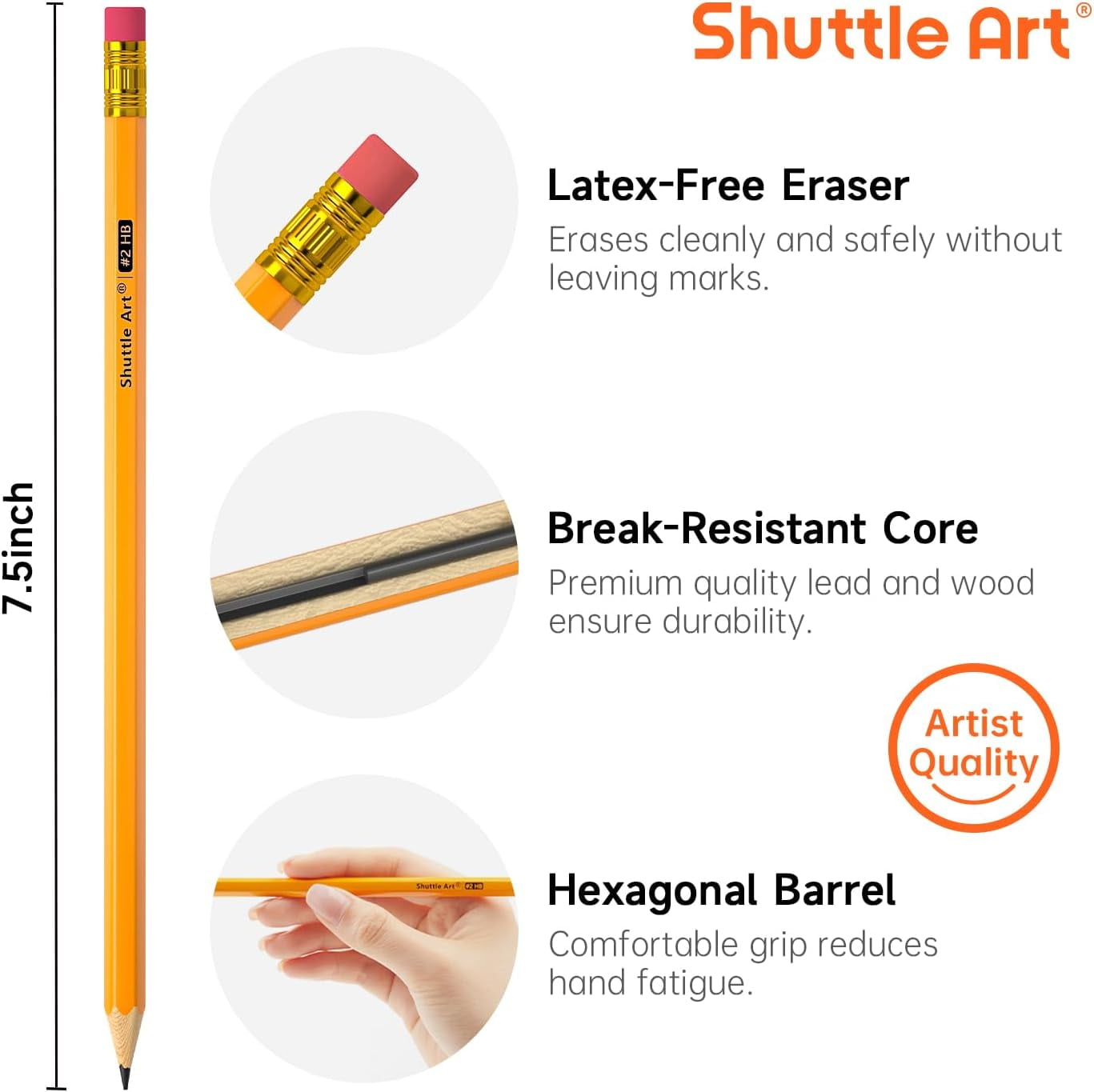 Shuttle Art Wood-Cased #2 HB Pencils, 180 Pack Sharpened Yellow Pencils with Erasers, Bulk Pack Graphite Pencils for Writing, Drawing and Sketching
