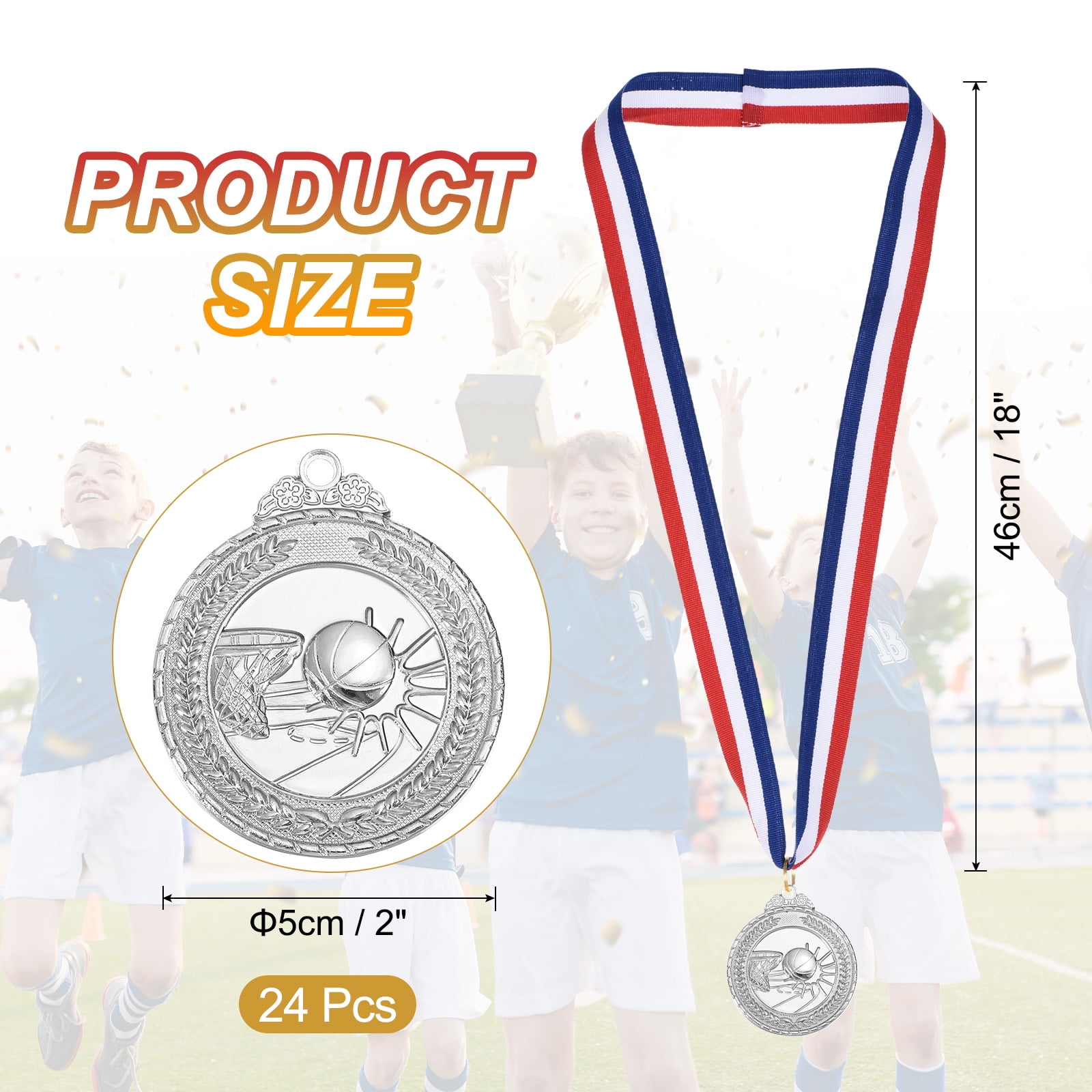 Uxcell 2 Inch Basketball Medals Silver Award Medals with Neck Ribbon for Team Sports Games Party Favors 24 Pieces