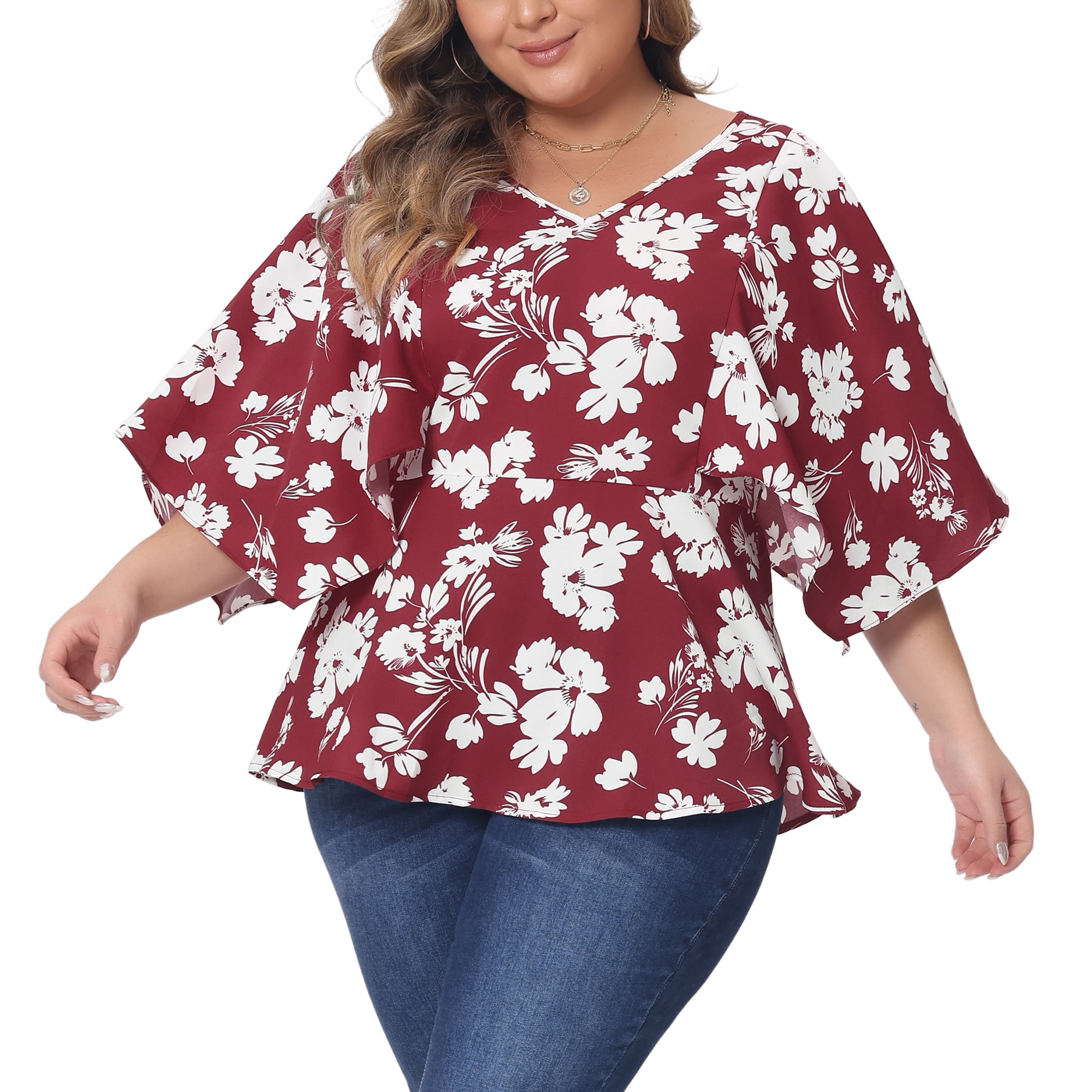 DARING DIVA Women's Plus Floral Flowy Sleeve Chiffon Blouses 3X Burgundy