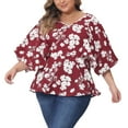 thumbnail image 2 of Agnes Orinda Women's Plus Size Floral Tops V Neck Flowy 3/4 Sleeve Chiffon Summer Casual Babydoll Blouses Burgundy 1X, 2 of 6