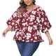 thumbnail image 2 of Blusas de mujer de talla grande con flores Agnes Orinda, con escote en V, de gasa, de manga 3/4, casuales de verano, color burdeos, talla 1X, 2 of 6