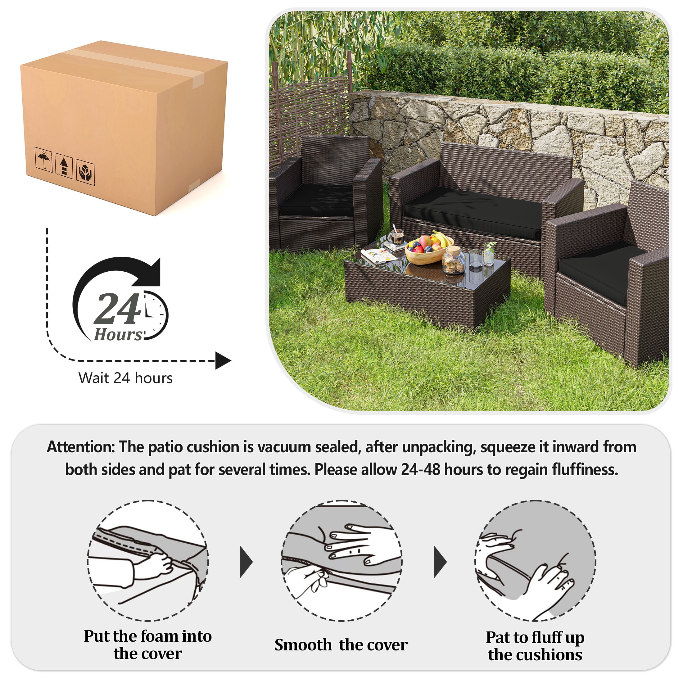 Snubbull 3 Pack Loveseat Cushion Set, 36" x 18" x 3" Waterproof Outdoor Chair Replacement Cushions for 4-Seater Wicker Rattan Patio Furniture, Black