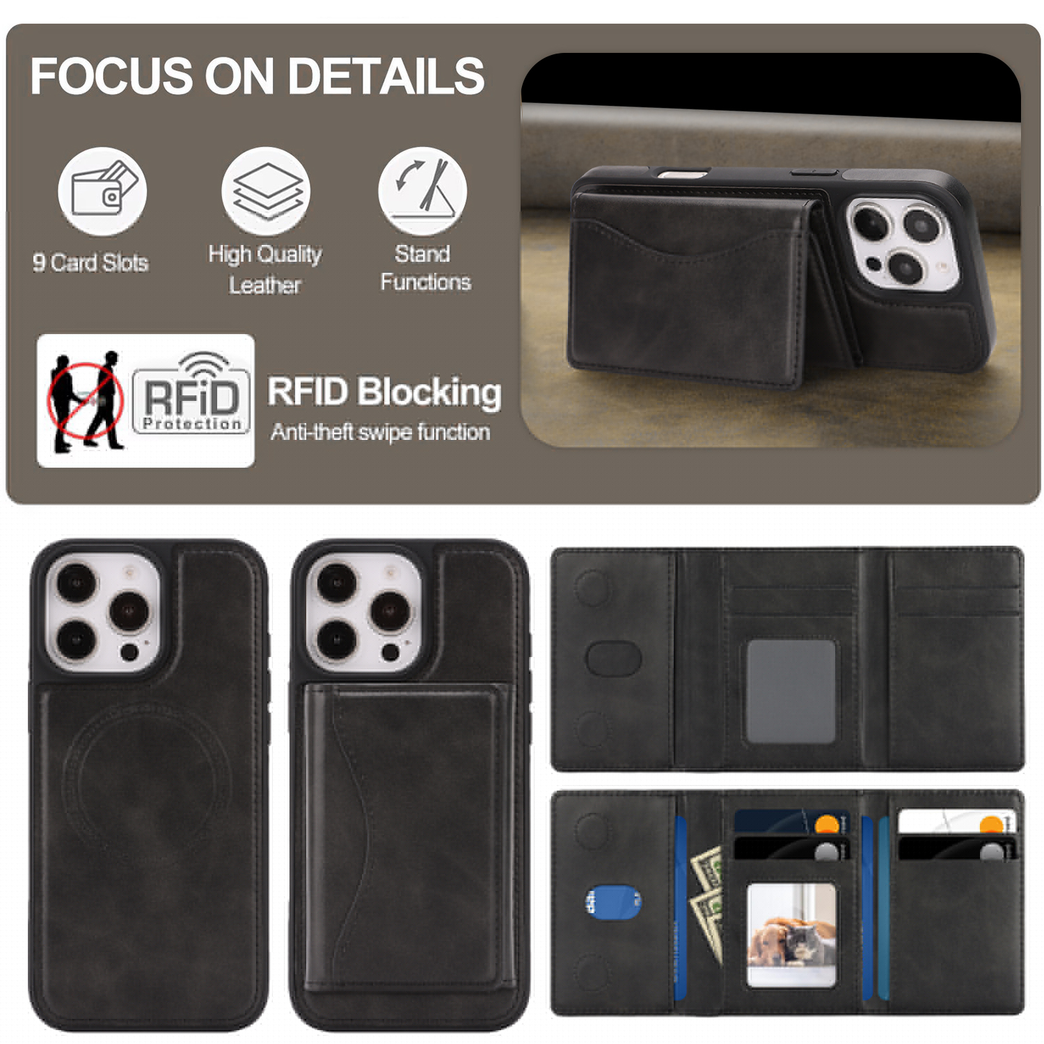 thumbnail image 2 of Case for iPhone 15 Pro Wallet Case with Detachable Folio Card Holder [RFID Blocking], Kickstand, Magnetic Back Case Compatible with Mag-Safe, Protective Cover for iPhone 15 Pro, Black, 2 of 9