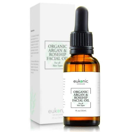 Organic Rosehip Seed & Argan Facial Oil by Eukonic | Cold Pressed Essential Oils Blend for Face, Skin, Hair, Stretch Marks, Scars, Wrinkles & Fine Lines | Omega 3,6 & 9 | Made in USA | 1