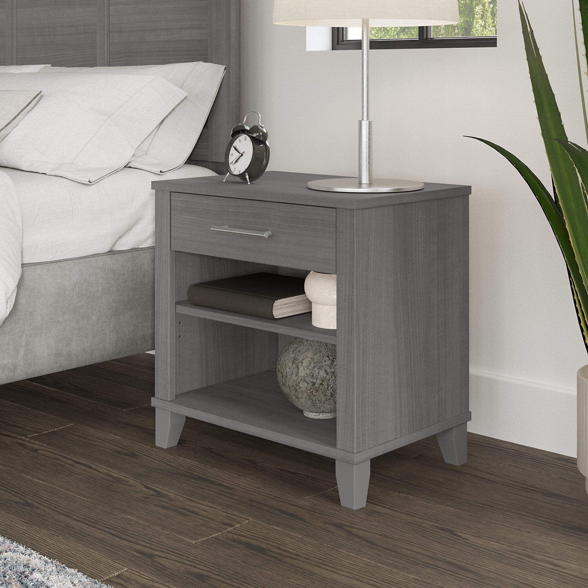 Bush Furniture Somerset Nightstand with Drawer and Shelves in Platinum