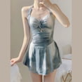 thumbnail image 4 of Traje de baño adelgazante con falda que cubre el vientre y cuello colgante de estilo chica sexy azul teñido anudado para vacaciones en la playa para mujer, 4 of 5